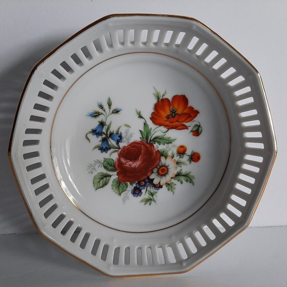 BAVARIA SCHWARZENHAMMER China Pierced Reticulated BOWL - Trinket Dish 5” Roses